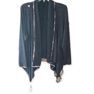 Radzoli M Gray Button Side Wrap Dangling Front Tassels Elegant Boho Cape Sweater